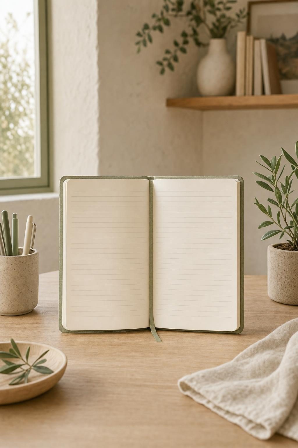 Escritorio con cuaderno A5, bolígrafos y planta (imagen generada con AI)