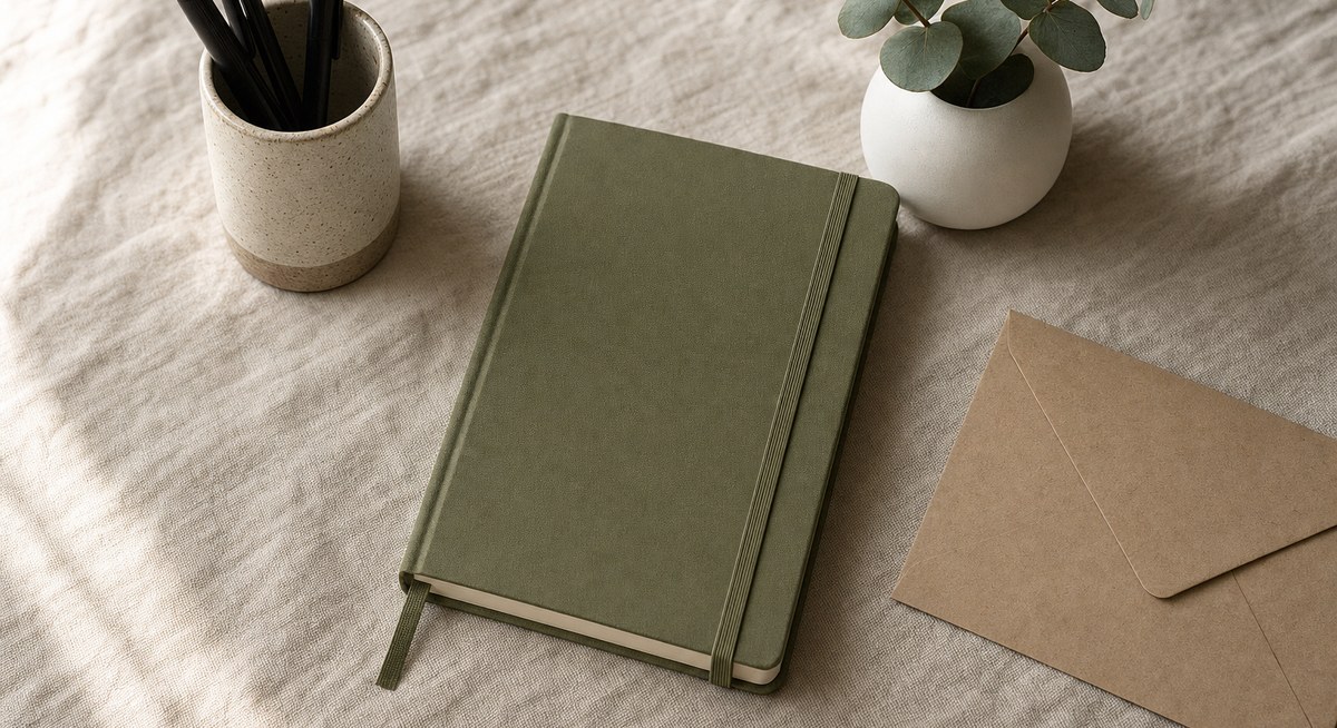 Escritorio con cuaderno A5, bolígrafos y planta